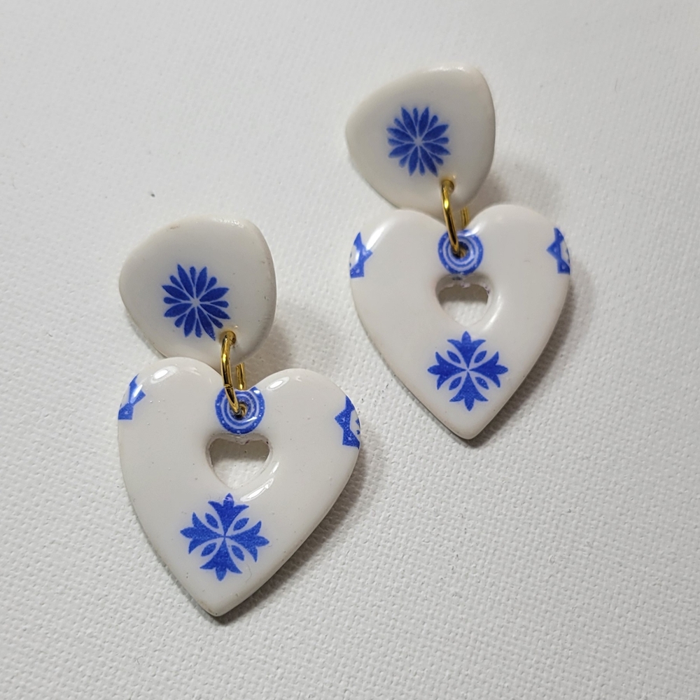 Elegant Heart-Shaped Earrings with Blue Floral Design